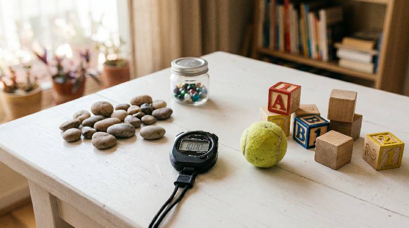 Everyday household objects including a stopwatch, ruler, coin and ball used for learning through play activities