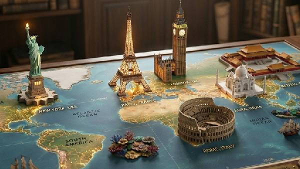 Quiz de capitales del mundo con famosos horizontes urbanos y monumentos de ciudades capitales