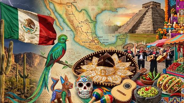Trivia de México con pirámides mayas, comida tradicional mexicana, la bandera de México y paisajes emblemáticos